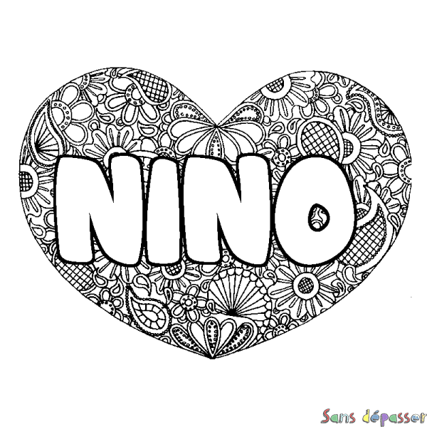 Coloriage pr&eacute;nom NINO - d&eacute;cor Mandala coeur