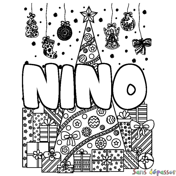 Coloriage prénom NINO - d&eacute;cor Sapin et Cadeaux