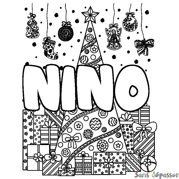 Coloriage pr&eacute;nom NINO - d&eacute;cor Sapin et Cadeaux