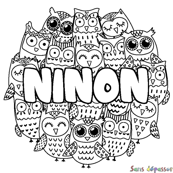 Coloriage pr&eacute;nom NINON - d&eacute;cor Chouettes