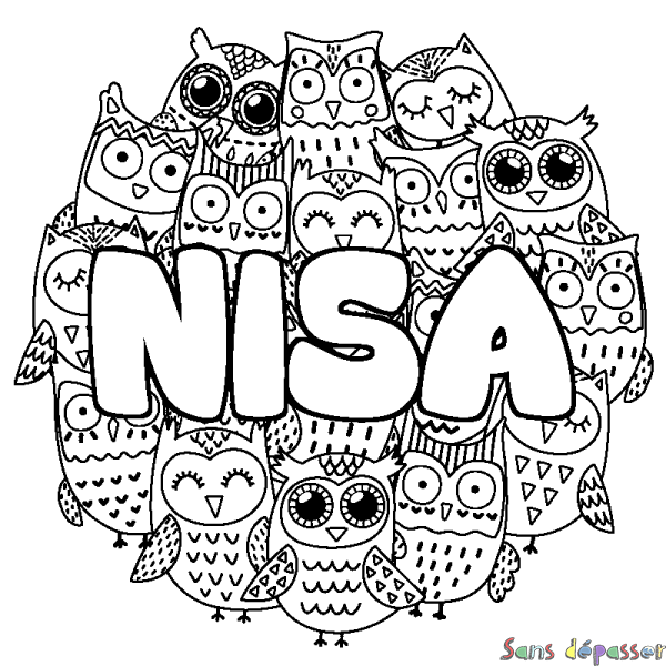 Coloriage prénom NISA - d&eacute;cor Chouettes