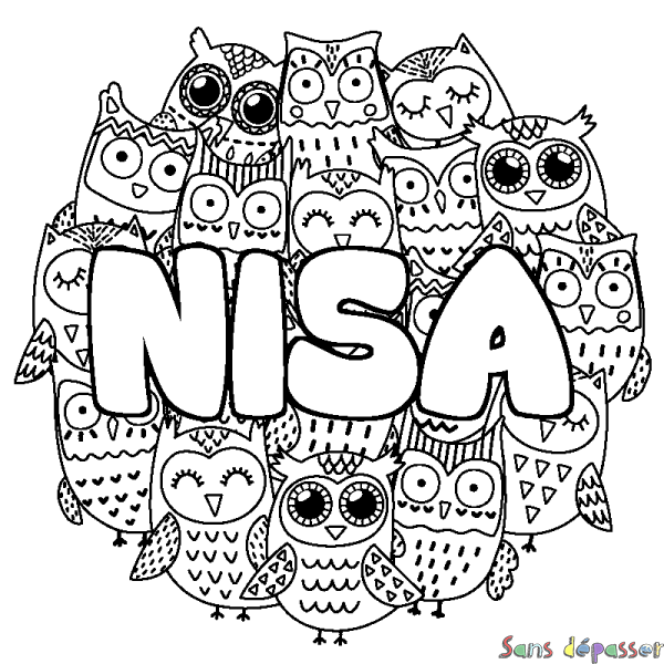 Coloriage pr&eacute;nom NISA - d&eacute;cor Chouettes