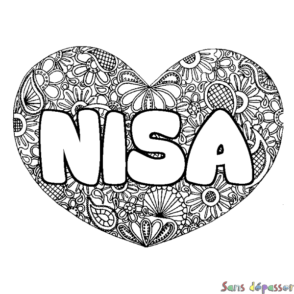 Coloriage prénom NISA - d&eacute;cor Mandala coeur