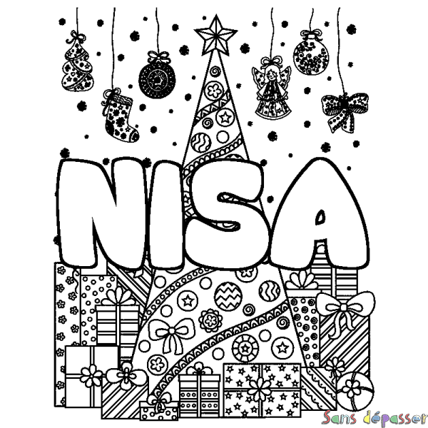 Coloriage prénom NISA - d&eacute;cor Sapin et Cadeaux
