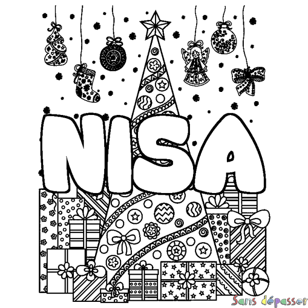Coloriage pr&eacute;nom NISA - d&eacute;cor Sapin et Cadeaux