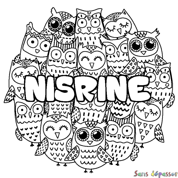 Coloriage pr&eacute;nom NISRINE - d&eacute;cor Chouettes