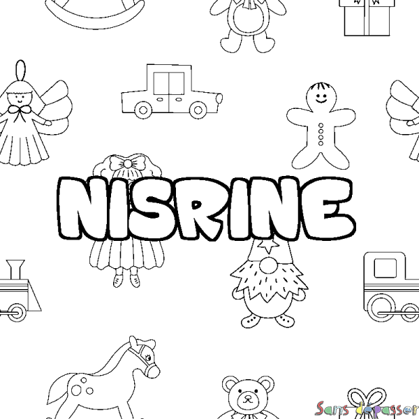 Coloriage pr&eacute;nom NISRINE - d&eacute;cor Jouets