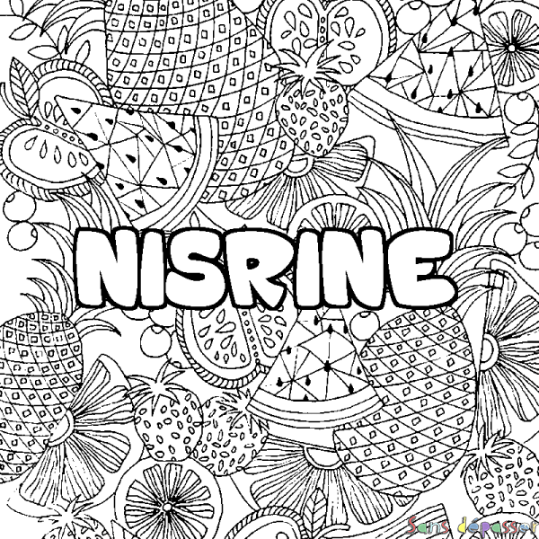 Coloriage pr&eacute;nom NISRINE - d&eacute;cor Mandala fruits