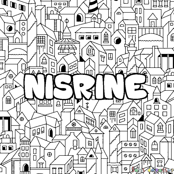 Coloriage pr&eacute;nom NISRINE - d&eacute;cor Ville