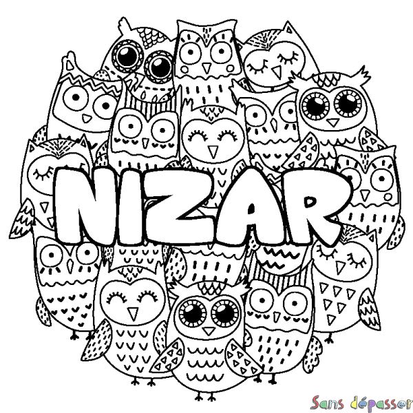 Coloriage prénom NIZAR - d&eacute;cor Chouettes