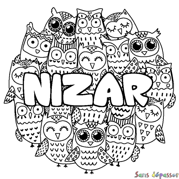 Coloriage pr&eacute;nom NIZAR - d&eacute;cor Chouettes