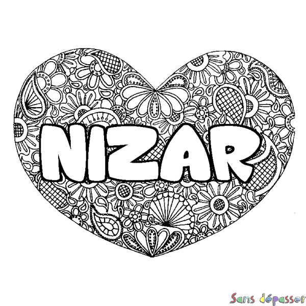Coloriage prénom NIZAR - d&eacute;cor Mandala coeur