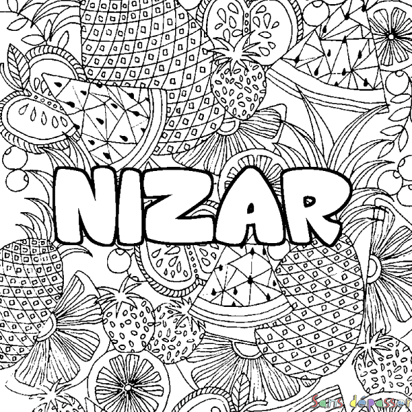 Coloriage pr&eacute;nom NIZAR - d&eacute;cor Mandala fruits