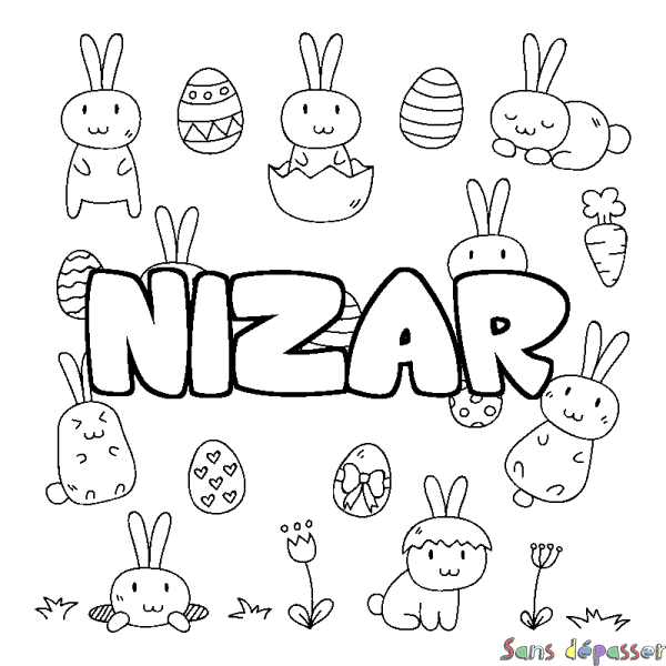 Coloriage pr&eacute;nom NIZAR - d&eacute;cor Paques