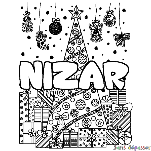 Coloriage prénom NIZAR - d&eacute;cor Sapin et Cadeaux