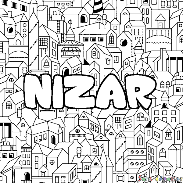 Coloriage prénom NIZAR - d&eacute;cor Ville