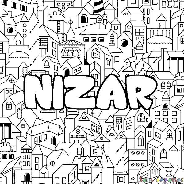 Coloriage pr&eacute;nom NIZAR - d&eacute;cor Ville