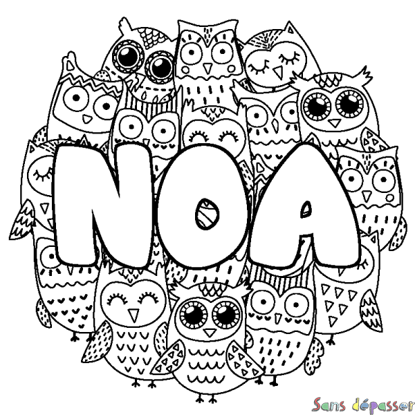 Coloriage prénom NOA décor Chouettes Sans Dépasser