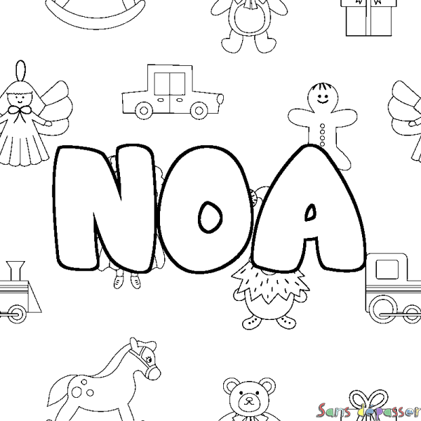 Coloriage pr&eacute;nom NOA - d&eacute;cor Jouets
