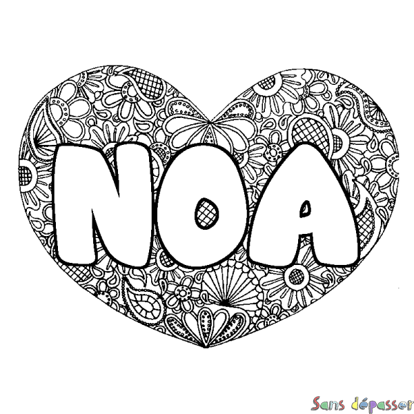 Coloriage prénom NOA décor Mandala coeur Sans Dépasser