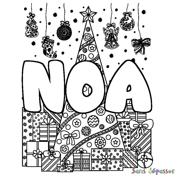 Coloriage prénom NOA - d&eacute;cor Sapin et Cadeaux