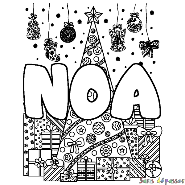 Coloriage pr&eacute;nom NOA - d&eacute;cor Sapin et Cadeaux