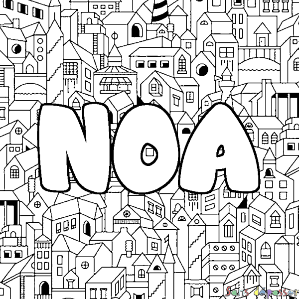 Coloriage pr&eacute;nom NOA - d&eacute;cor Ville