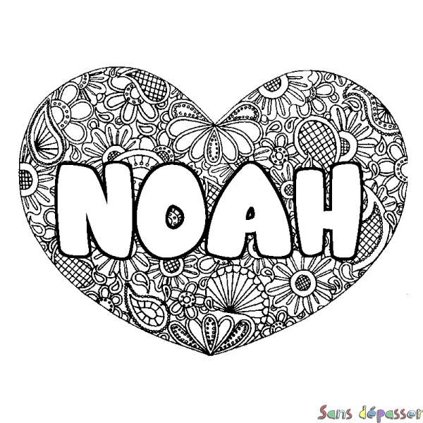 Coloriage pr&eacute;nom NOAH - d&eacute;cor Mandala coeur