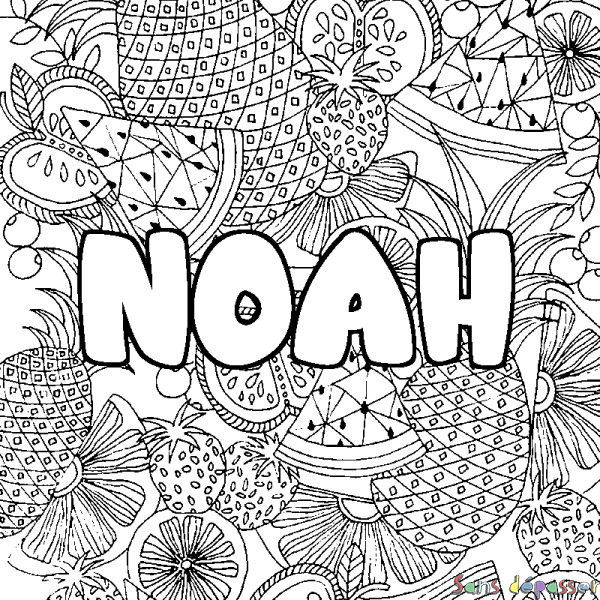 Coloriage pr&eacute;nom NOAH - d&eacute;cor Mandala fruits