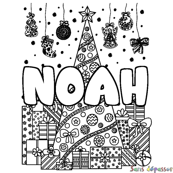 Coloriage pr&eacute;nom NOAH - d&eacute;cor Sapin et Cadeaux