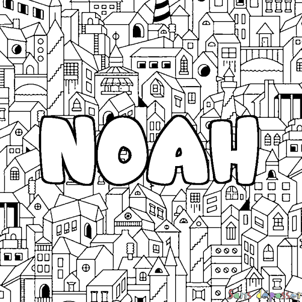 Coloriage pr&eacute;nom NOAH - d&eacute;cor Ville