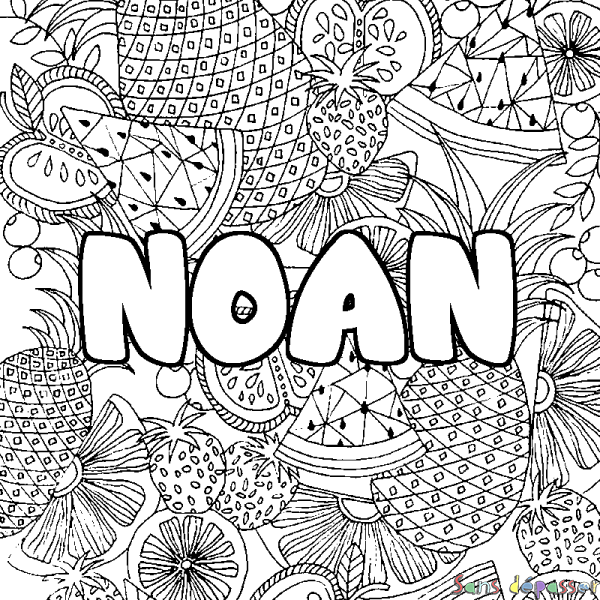 Coloriage pr&eacute;nom NOAN - d&eacute;cor Mandala fruits