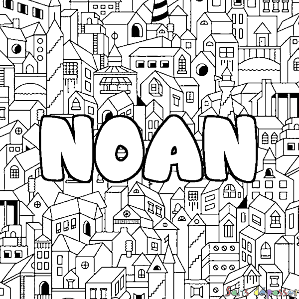 Coloriage pr&eacute;nom NOAN - d&eacute;cor Ville