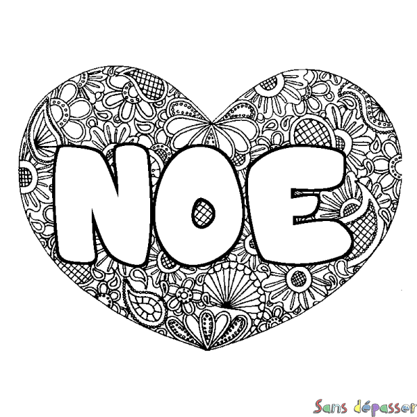 Coloriage pr&eacute;nom NOE - d&eacute;cor Mandala coeur