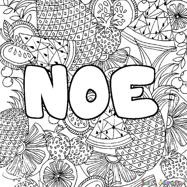 Coloriage pr&eacute;nom NOE - d&eacute;cor Mandala fruits