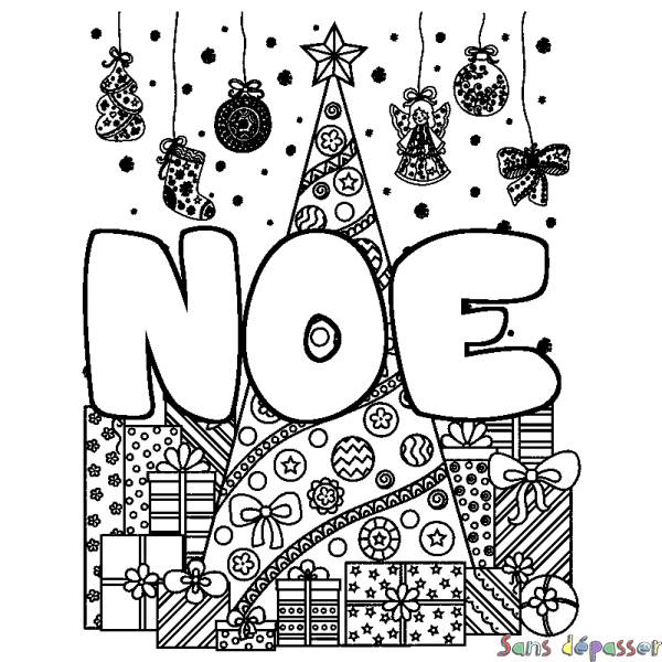 Coloriage pr&eacute;nom NOE - d&eacute;cor Sapin et Cadeaux