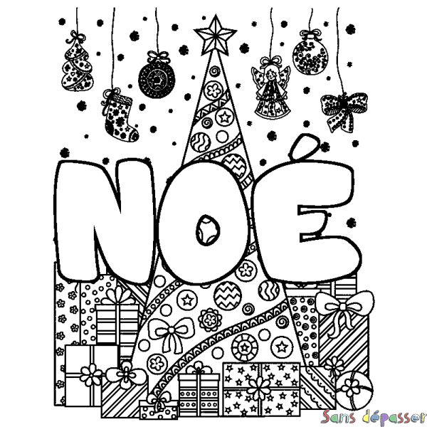 Coloriage pr&eacute;nom NO&Eacute; - d&eacute;cor Sapin et Cadeaux