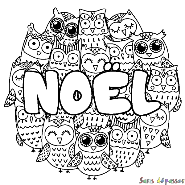 Coloriage pr&eacute;nom NO&Euml;L - d&eacute;cor Chouettes