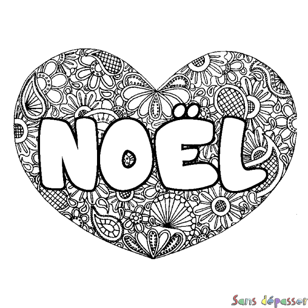 Coloriage pr&eacute;nom NO&Euml;L - d&eacute;cor Mandala coeur