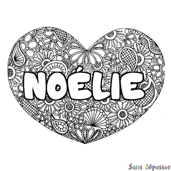 Coloriage pr&eacute;nom NO&Eacute;LIE - d&eacute;cor Mandala coeur