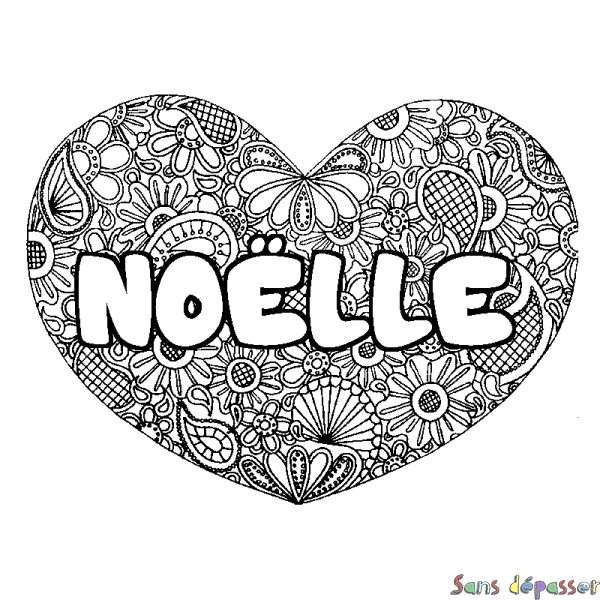 Coloriage pr&eacute;nom NO&Euml;LLE - d&eacute;cor Mandala coeur