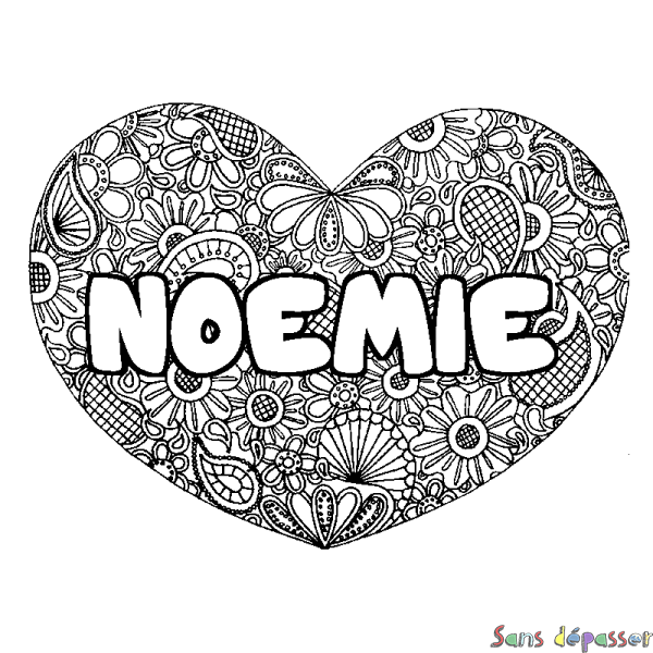 Coloriage pr&eacute;nom NOEMIE - d&eacute;cor Mandala coeur
