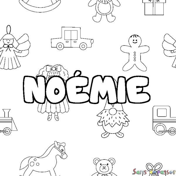 Coloriage pr&eacute;nom NO&Eacute;MIE - d&eacute;cor Jouets
