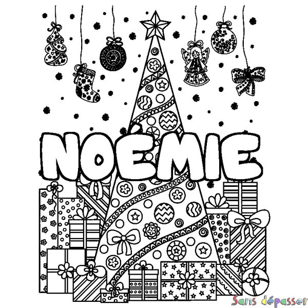 Coloriage pr&eacute;nom NO&Eacute;MIE - d&eacute;cor Sapin et Cadeaux