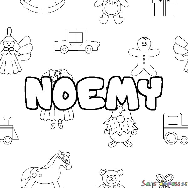 Coloriage pr&eacute;nom NOEMY - d&eacute;cor Jouets