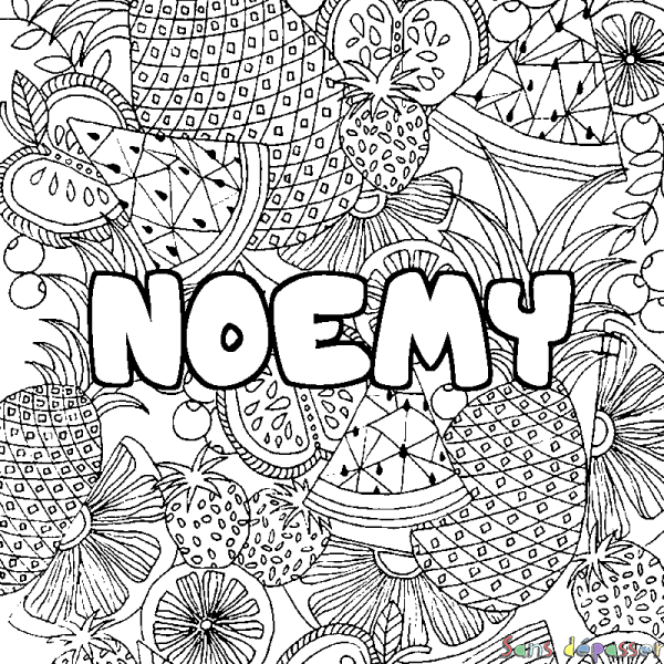 Coloriage pr&eacute;nom NOEMY - d&eacute;cor Mandala fruits