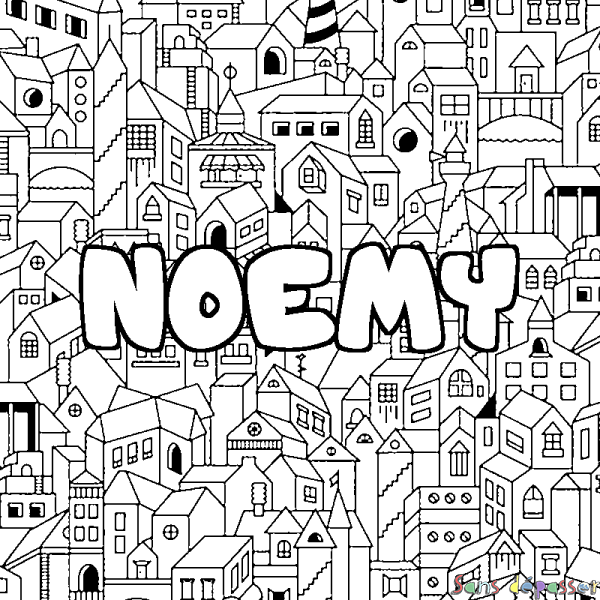 Coloriage pr&eacute;nom NOEMY - d&eacute;cor Ville