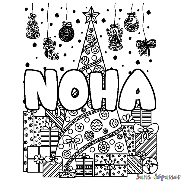 Coloriage prénom NOHA - d&eacute;cor Sapin et Cadeaux