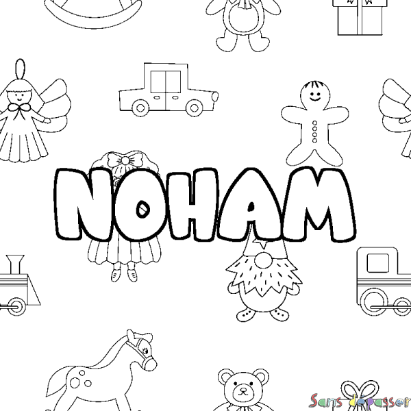 Coloriage pr&eacute;nom NOHAM - d&eacute;cor Jouets