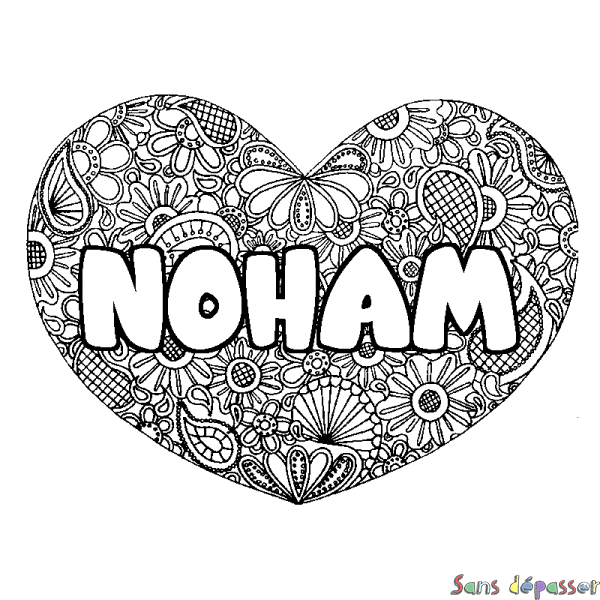 Coloriage pr&eacute;nom NOHAM - d&eacute;cor Mandala coeur